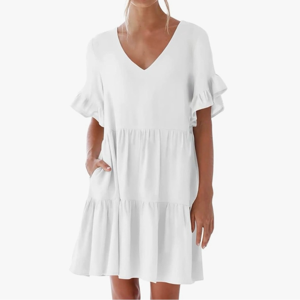 NC Look NEW Tiered White Sheer Ruffle Sleeve mini Dress Babydoll Pockets SZ S